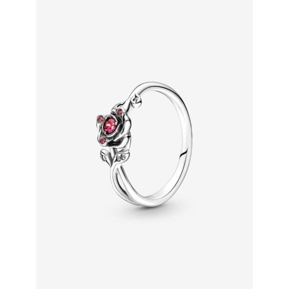 Silver Beauty and the Beast Ring S925 ALE Red Rose Stone Center Openwork Leaves